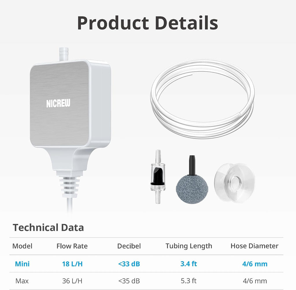 Nano Silent Aquarium Air Pump, White, for up to 10 Gallon Fish Tank