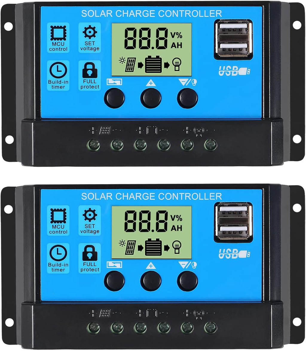 2pcs 30A Solar Charge Controller 12V/ 24V Solar Panel Charge Controller Intelligent Regulator with 5V Dual USB Port