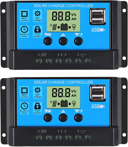 2pcs 30A Solar Charge Controller 12V/ 24V Solar Panel Charge Controller Intelligent Regulator with 5V Dual USB Port