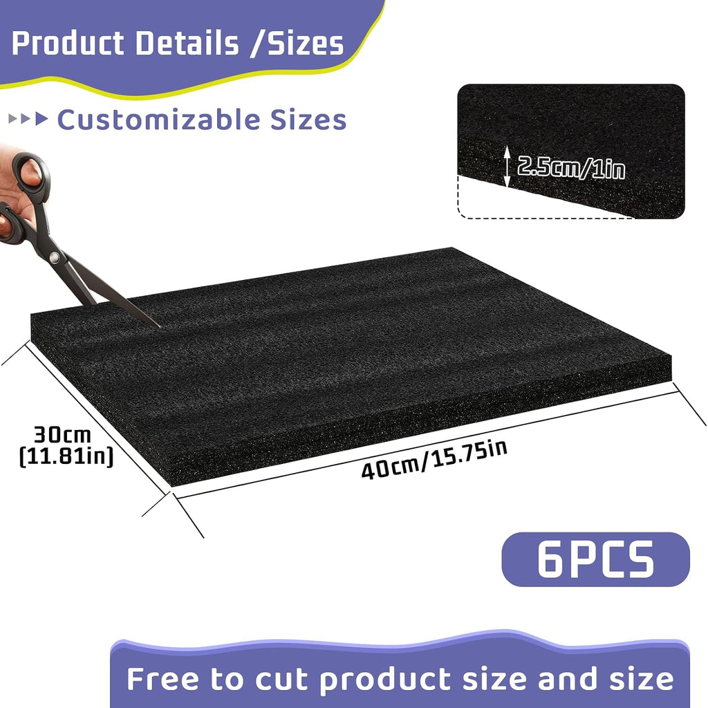 Black High Density Foam Insert Board Block 16'' x 12'' x 1'' for Case, 6pcs