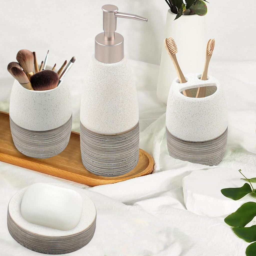 Bathroom Accessories Set,4 PCS Ceramic Bath Accessory,Grey White | Includes Toothbrush Holder, Toothbrush Cup, Soap
