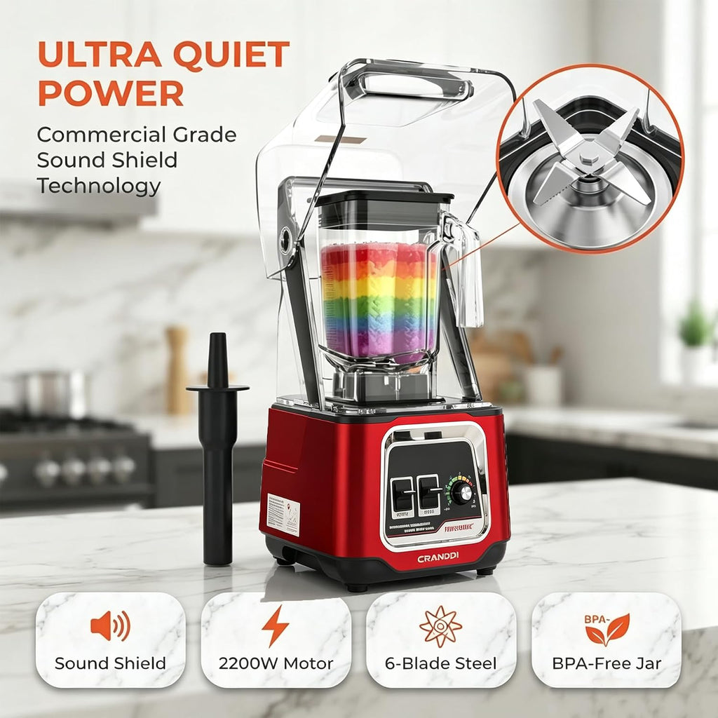 Commercial Blender, 2200W Countertop Blenders with Removable Shield, Quiet Smoothie Blender for Shakes and Ice