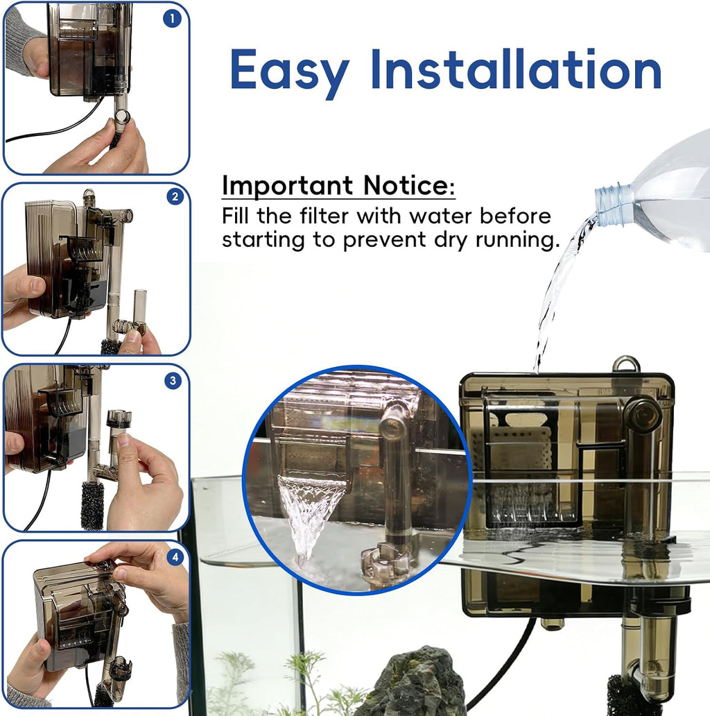 Compact Hang-On Back Aquarium Filter 53 GPH for Up to 10 Gallons Fish Tank USB Powered HOB Filter with Surface