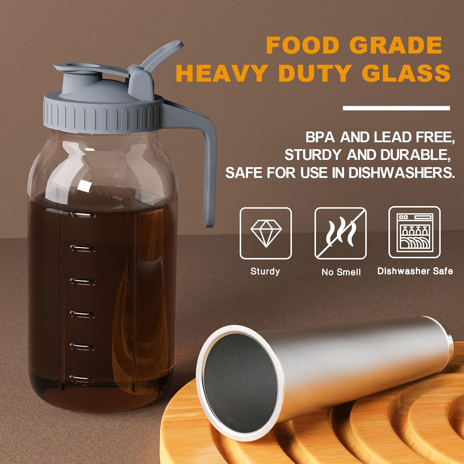 Cold Brew Coffee Maker, 32 oz Glass Mason Pitcher | 100μm stainless steel filter, wide mouth design, leak-proof lid