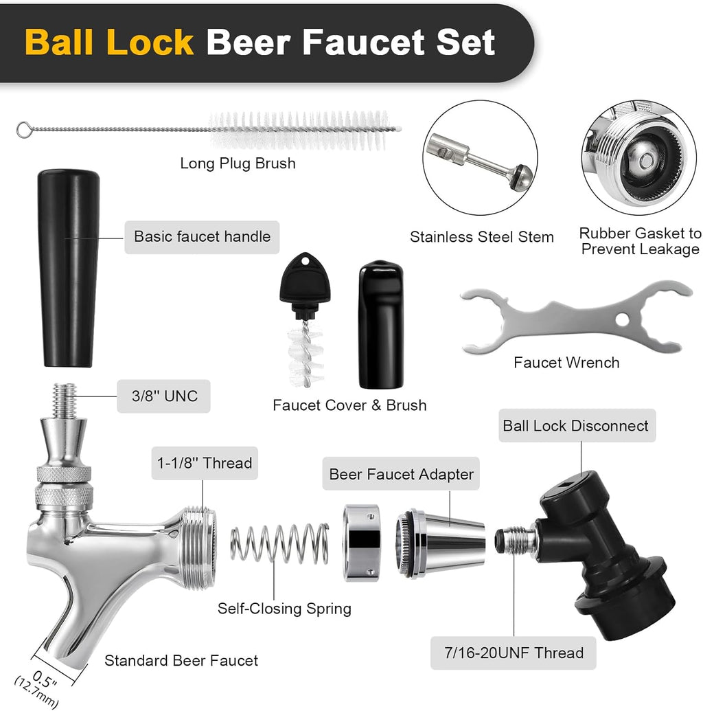 Ball Lock Keg Tap Faucet & Dual Hold Stable 0-60PSI CO2 Regulator | Stainless Steel Core Self-Closing Beer Faucet