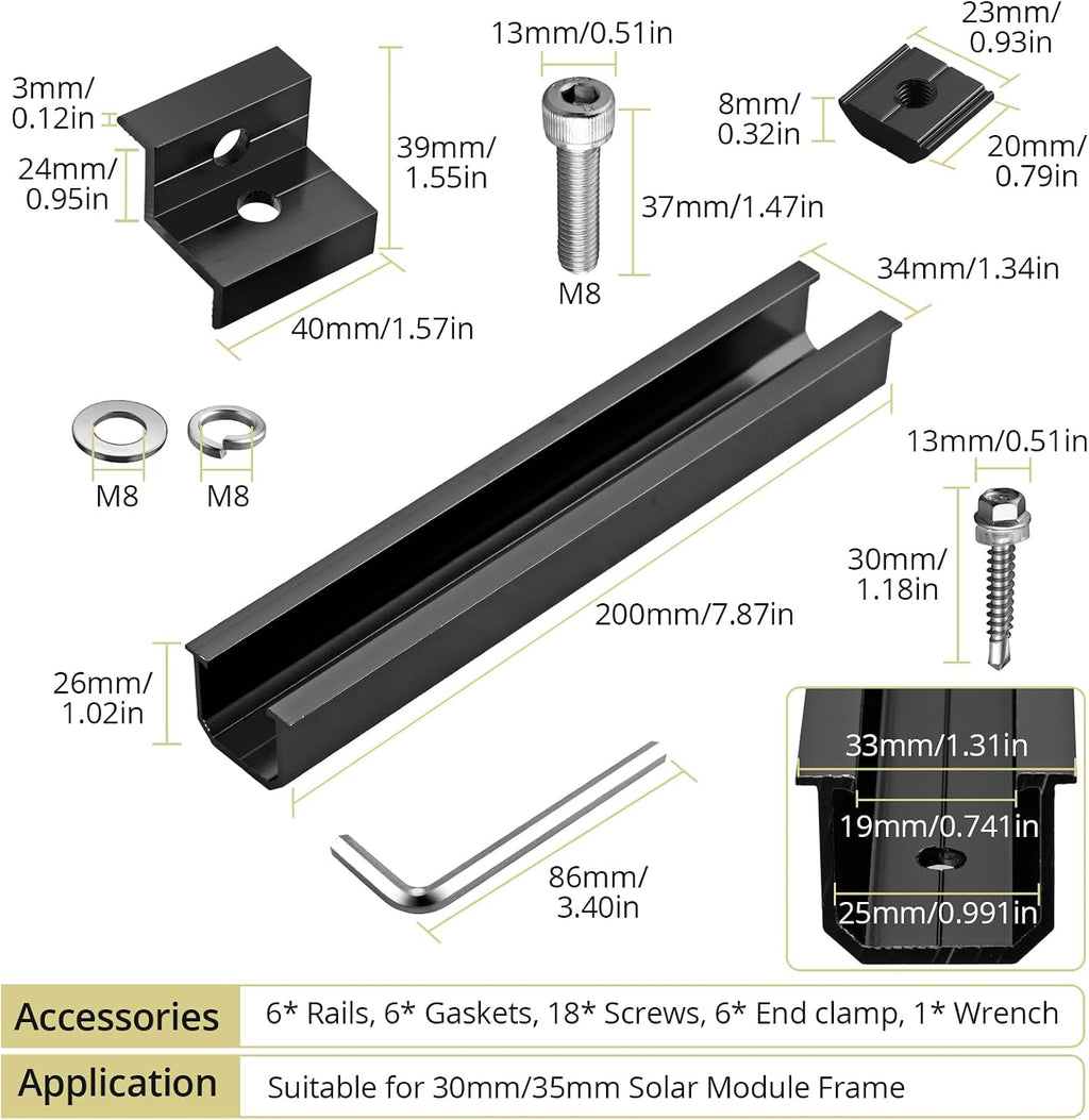 Solar Panel Roof Mounting Kit, 7.87" Aluminium Solar Rail & Clamps | Solar Panel Bracket For Thickness 30/35mm Panel
