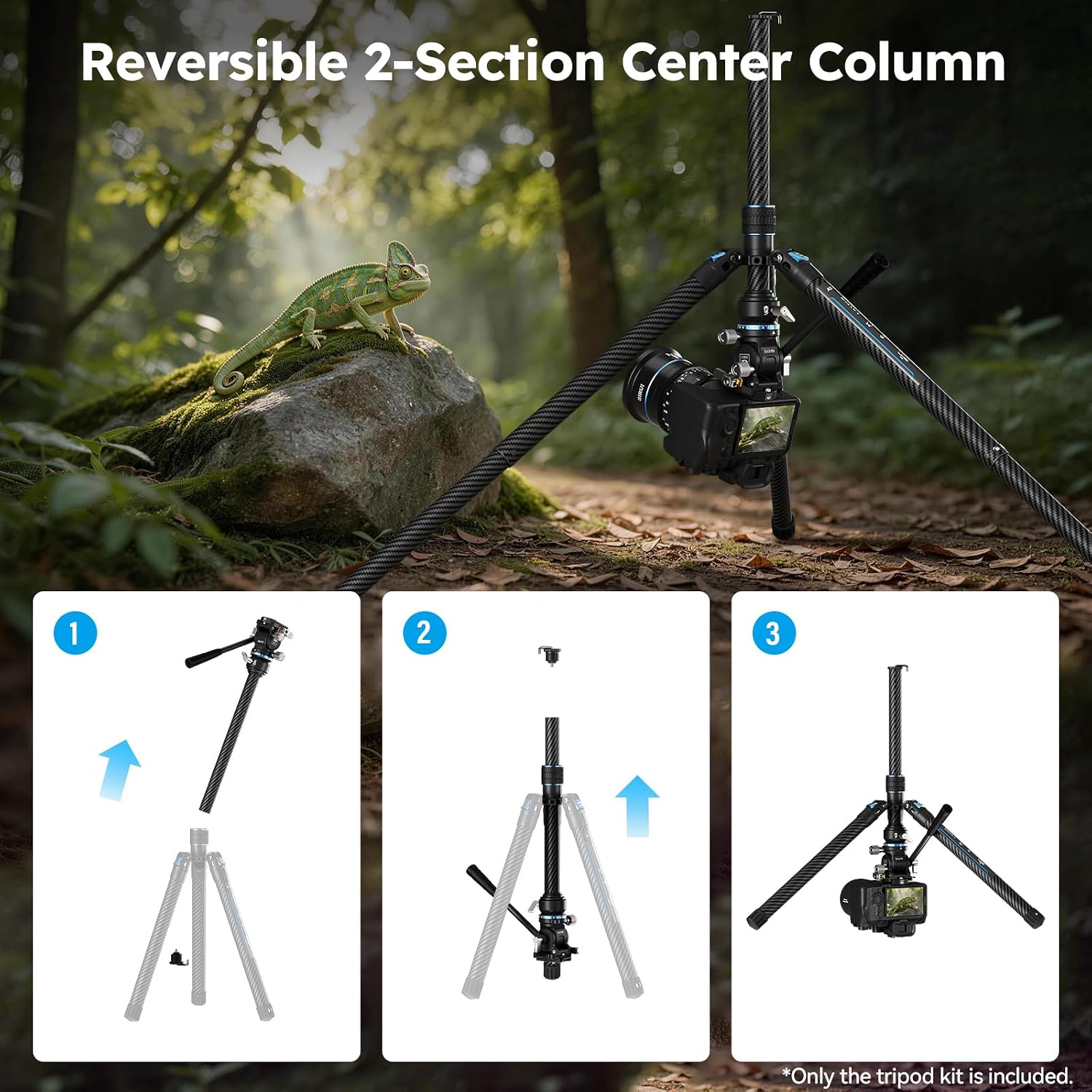 Traveler Air-T Carbon Fiber Travel Tripod, KV-10 Fluid Head, 61" | 8° Leveling Base, 11LB Load, 360° Pan, ±90° Tilt