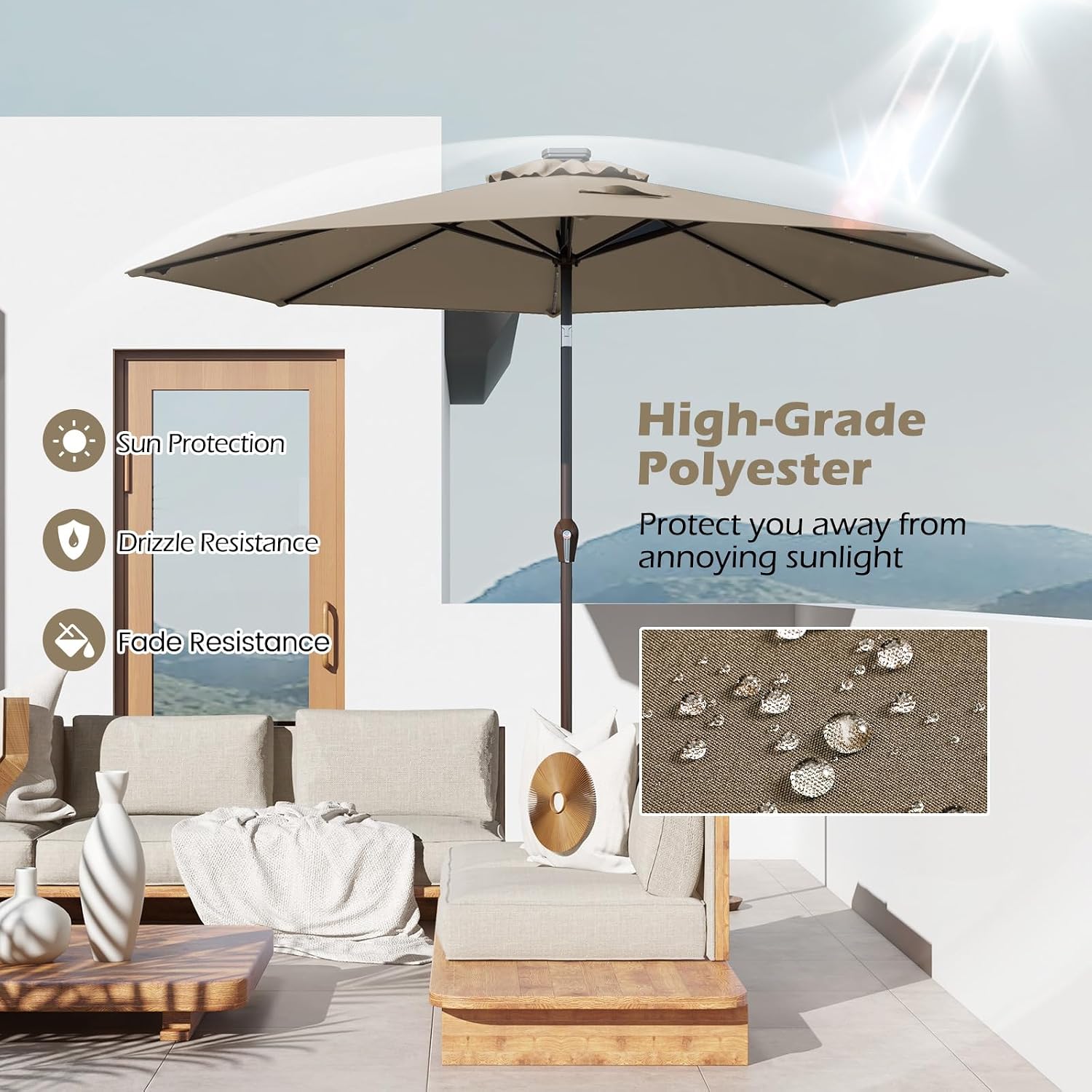9ft/10ft Outdoor Patio umbrella with Solar Lights, Table Market Umbrella with Crank and Push-button Tilt System