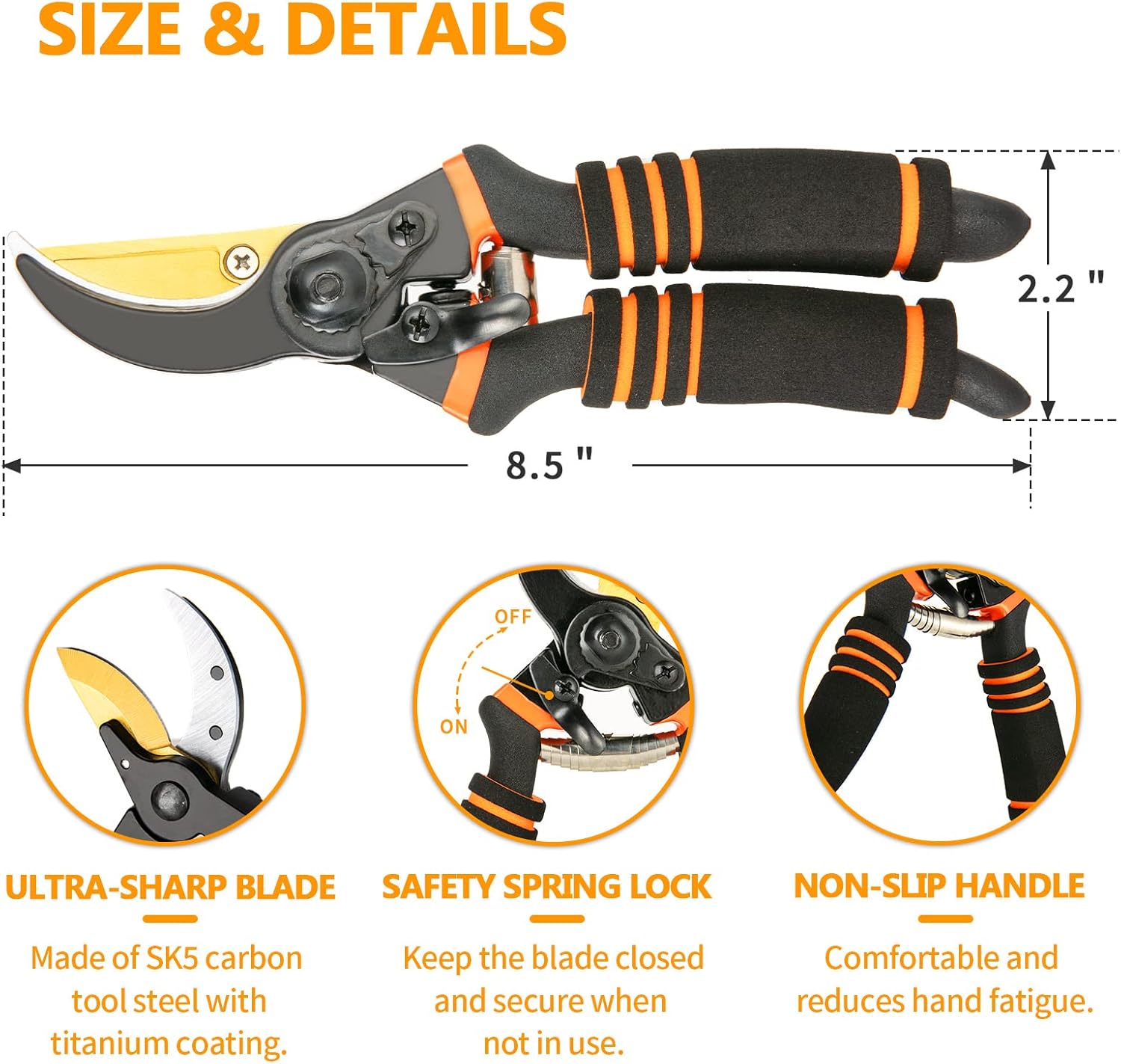 Pruning Shears, Garden Shears - Hewog 8.5" Professional Premium SK5 Steel with Titanium Bypass Pruning Shears for
