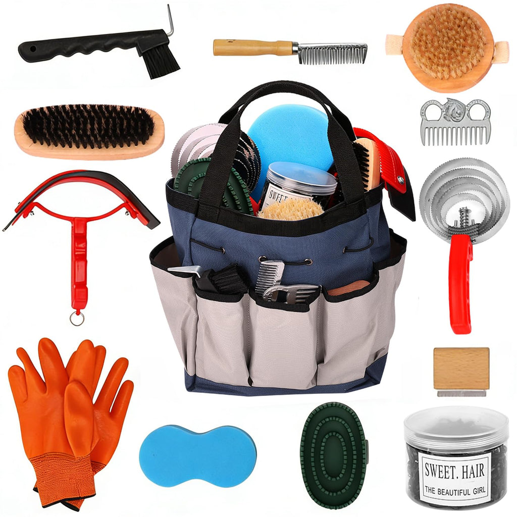 Horse Grooming Kit 13 Piece, Complete Horse Brushes & Grooming Supplies Set with Organizer Bag, Curry Comb, Hoof
