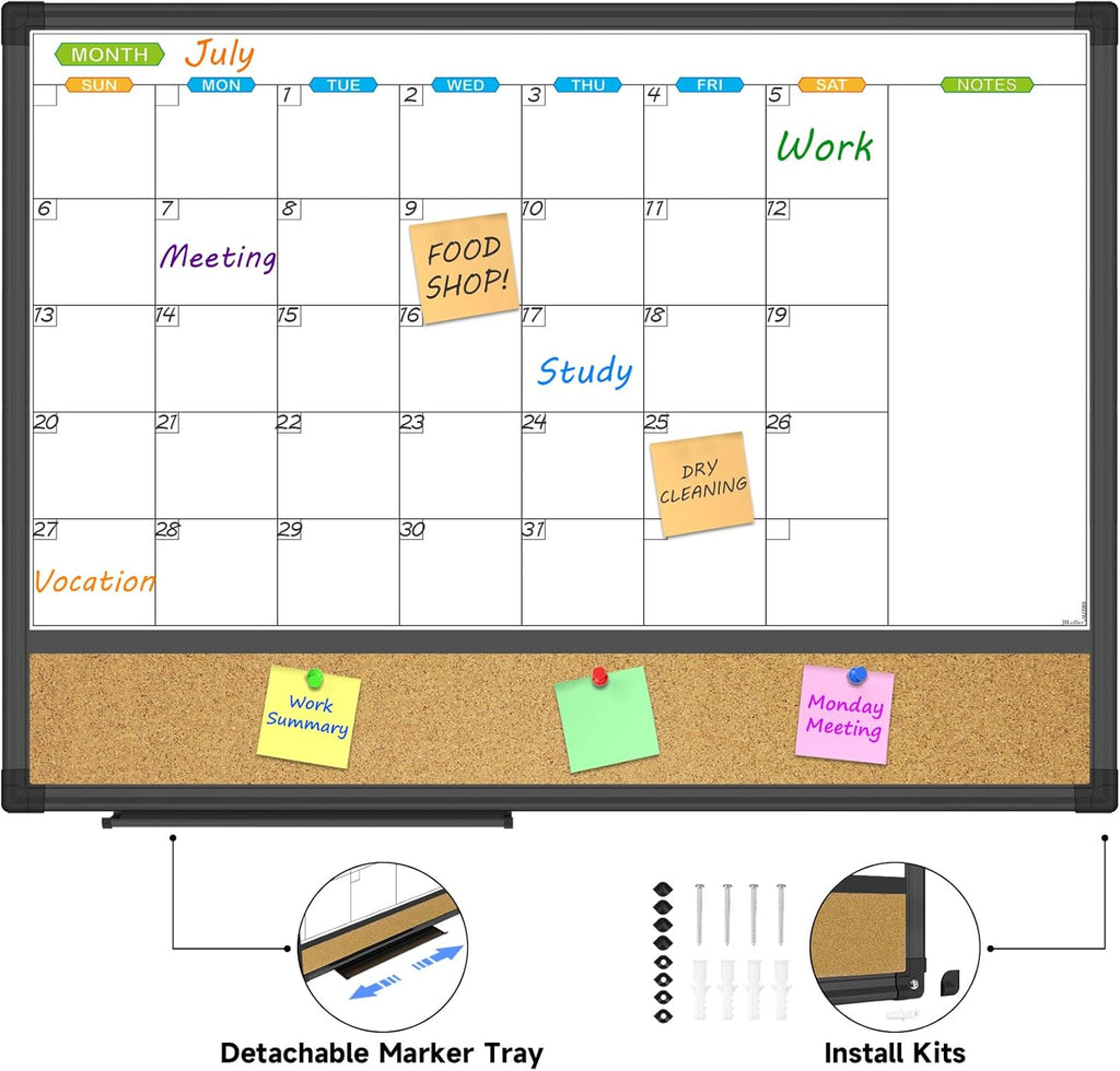 Magnetic Calendar Whiteboard & Bulletin Corkboard Combination, Combo Board 24 x 18 Inch, Black Aluminum Frame Wall