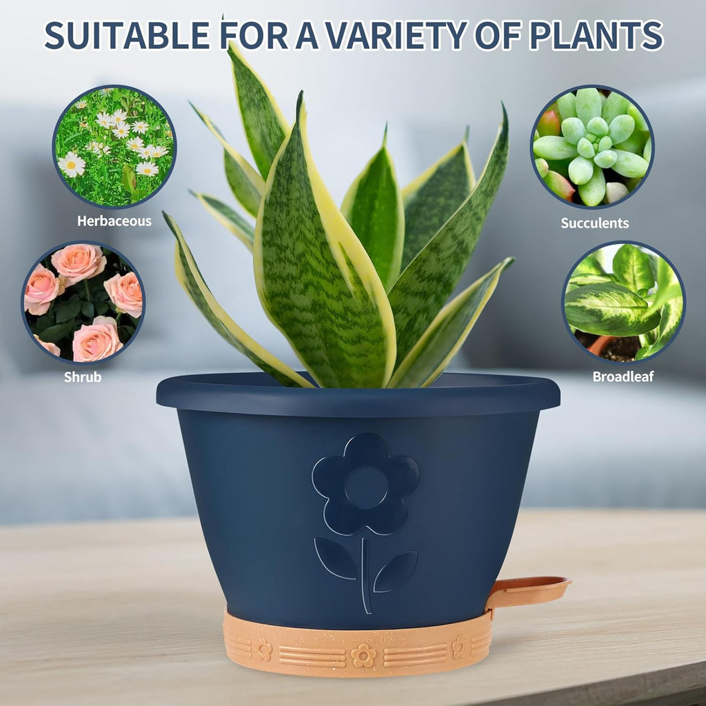 Plastic Plant Pots 10 Inch Set of 4, Self Watering Pots with Drainage Holes, Saucer & Reservoir, Flower Pots for