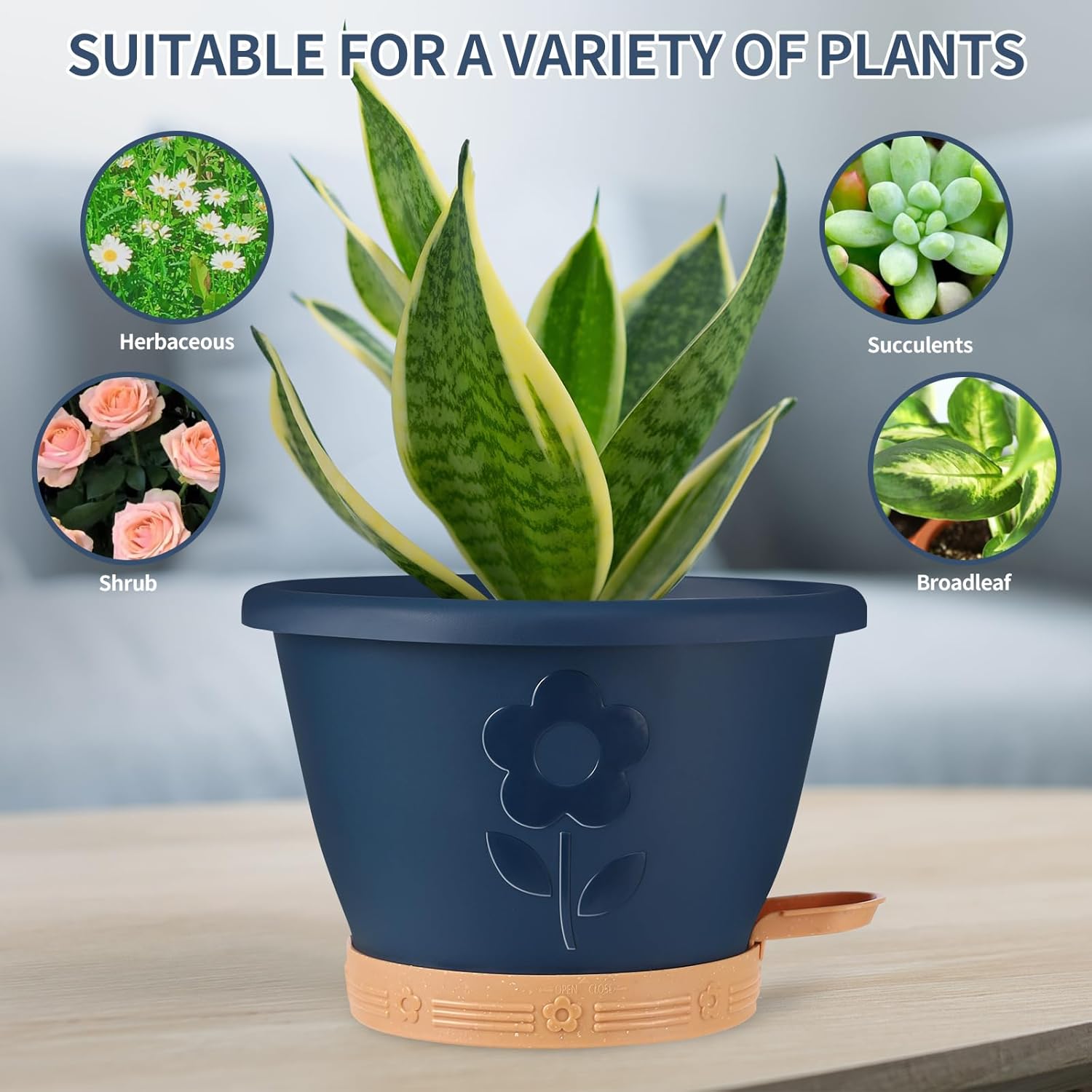 Plastic Plant Pots 10 Inch Set of 4, Self Watering Pots with Drainage Holes, Saucer & Reservoir, Flower Pots for