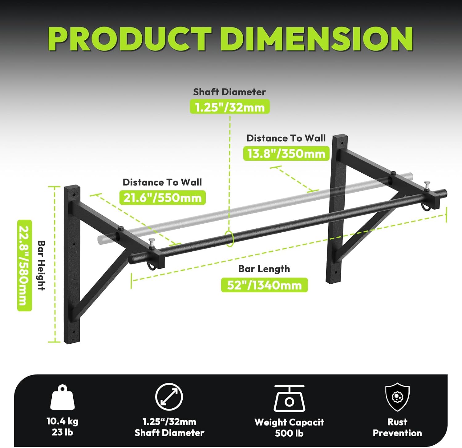 Wall Mounted Pull Up Bar for Doorway, 52''/36'' Chin Up Bar | 500 lb Capacity, Thickened Steel Construction, Joist