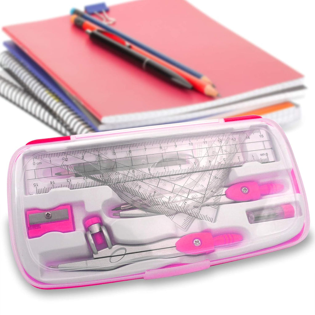 Maths Compasses Full Starter Geometry Kit with 2 Drafting Compasses Protractor 2 Set Squares Ruler Pencil and More