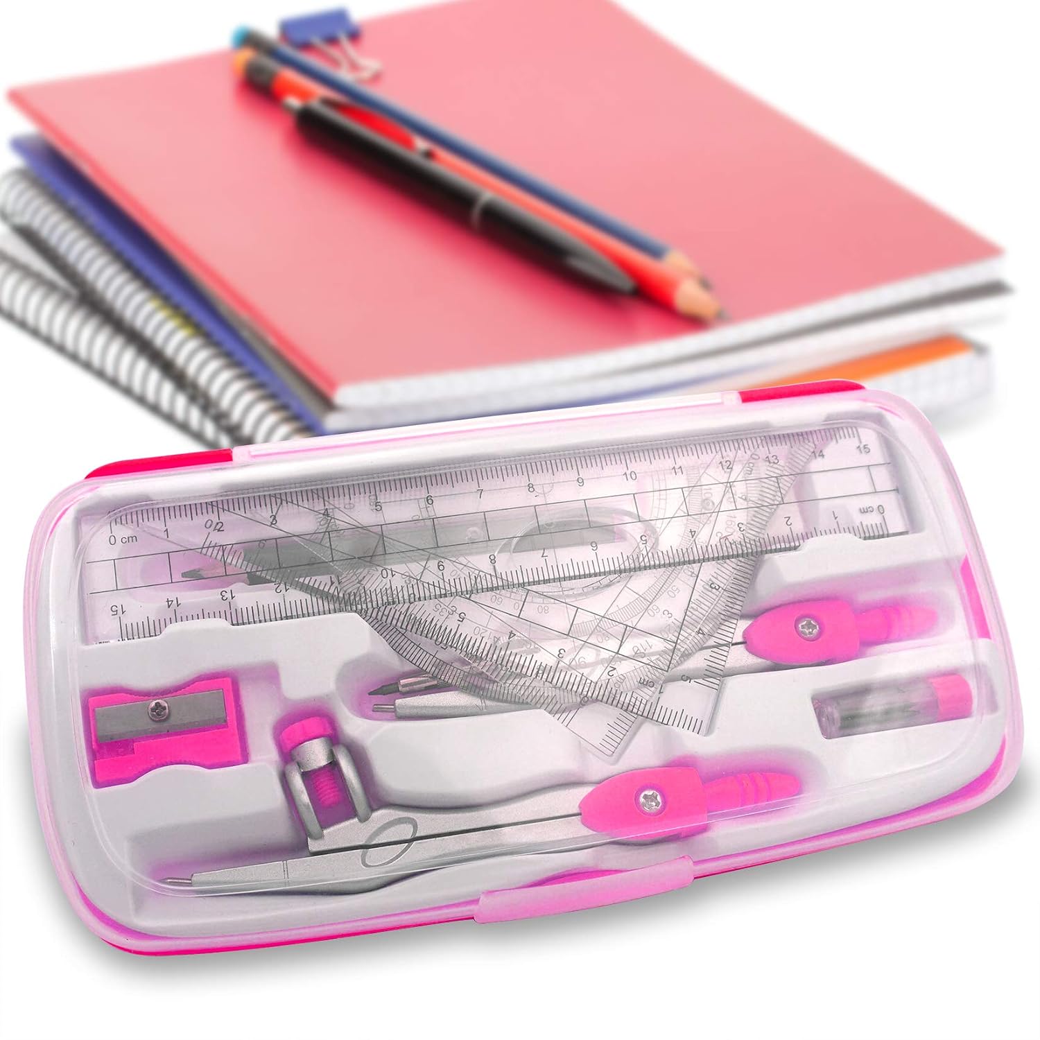 Maths Compasses Full Starter Geometry Kit with 2 Drafting Compasses Protractor 2 Set Squares Ruler Pencil and More