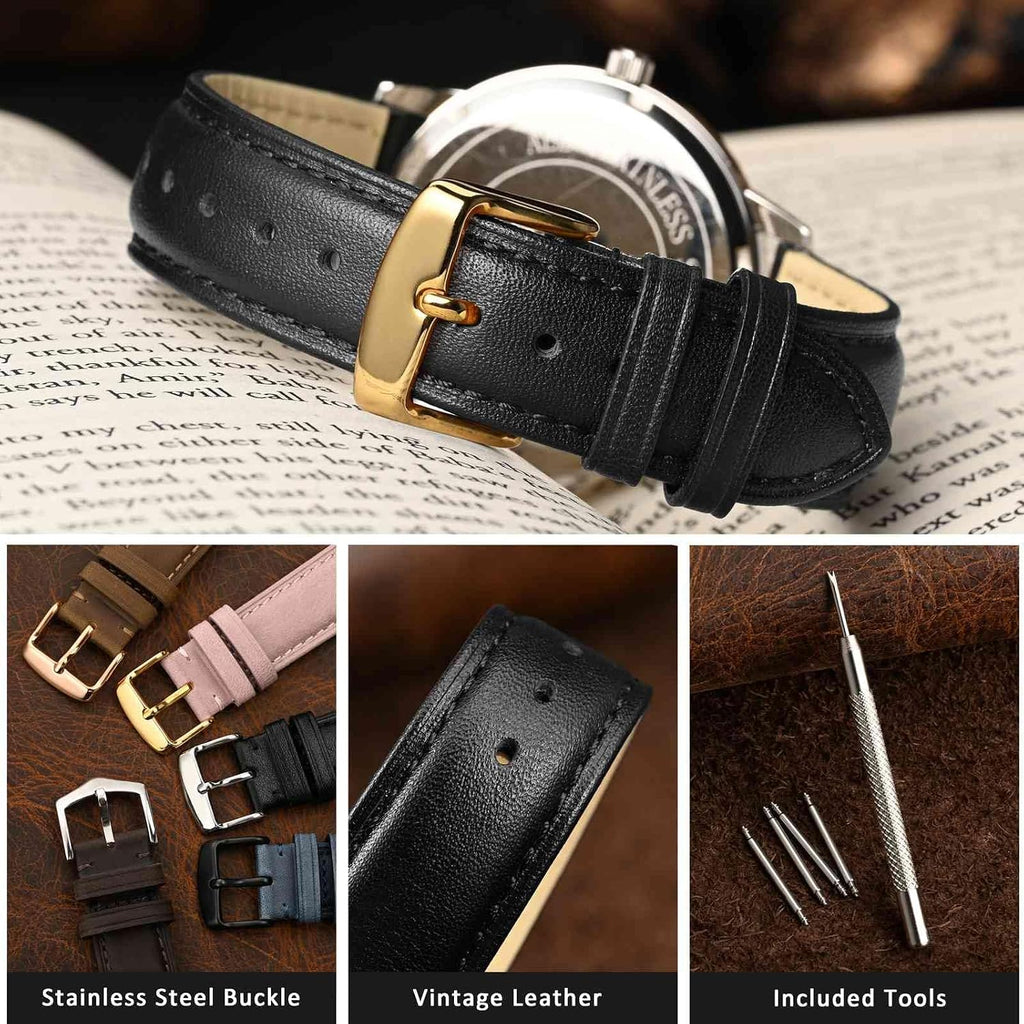 20mm Vintage Leather Watch Band for Men and Women, Gold Buckle (Black)