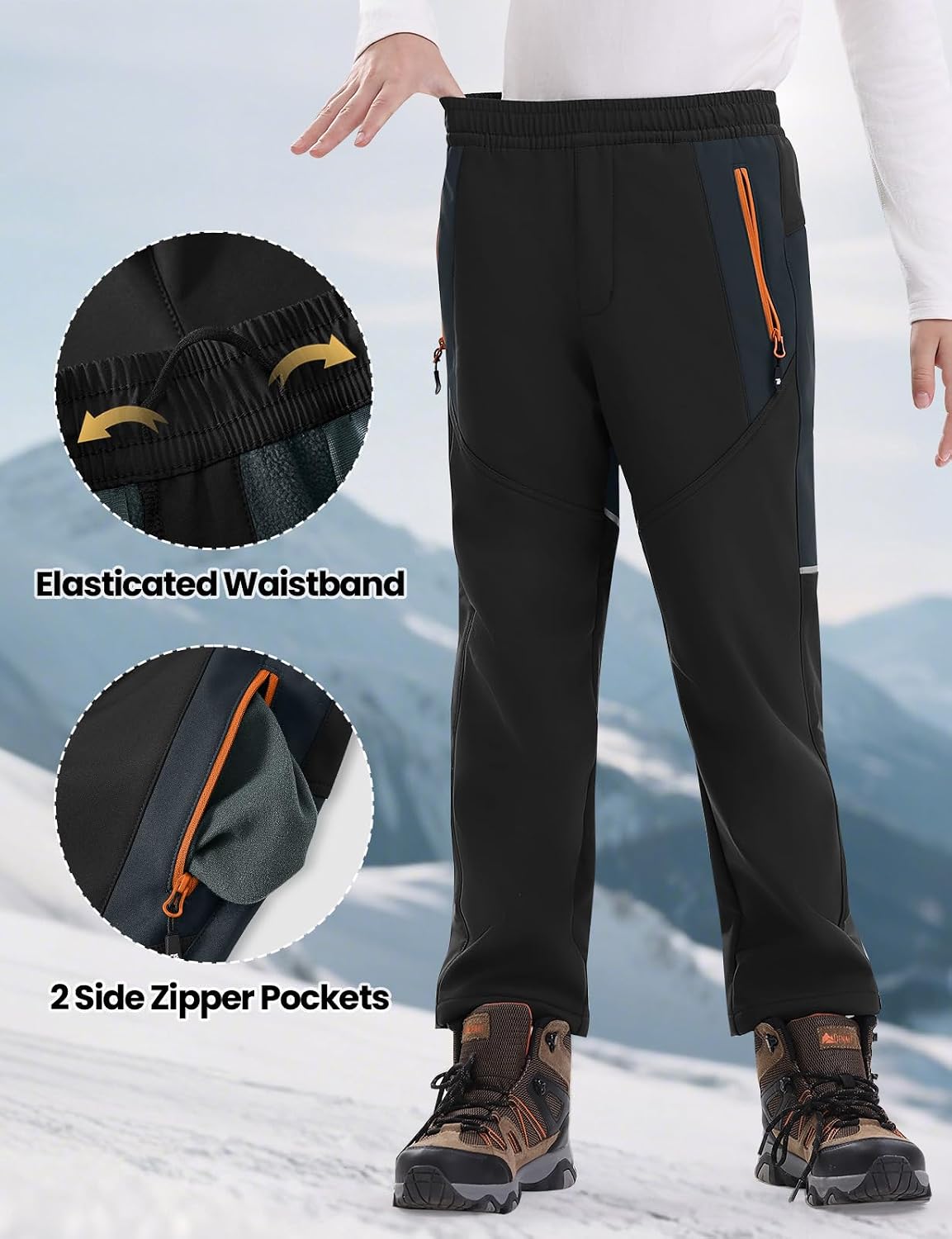 Boys Kids Snow Ski Pants Waterproof Fleece Lined Winter | Insulated, Elastic Waist, Zipper Pockets, Softshell, Warm