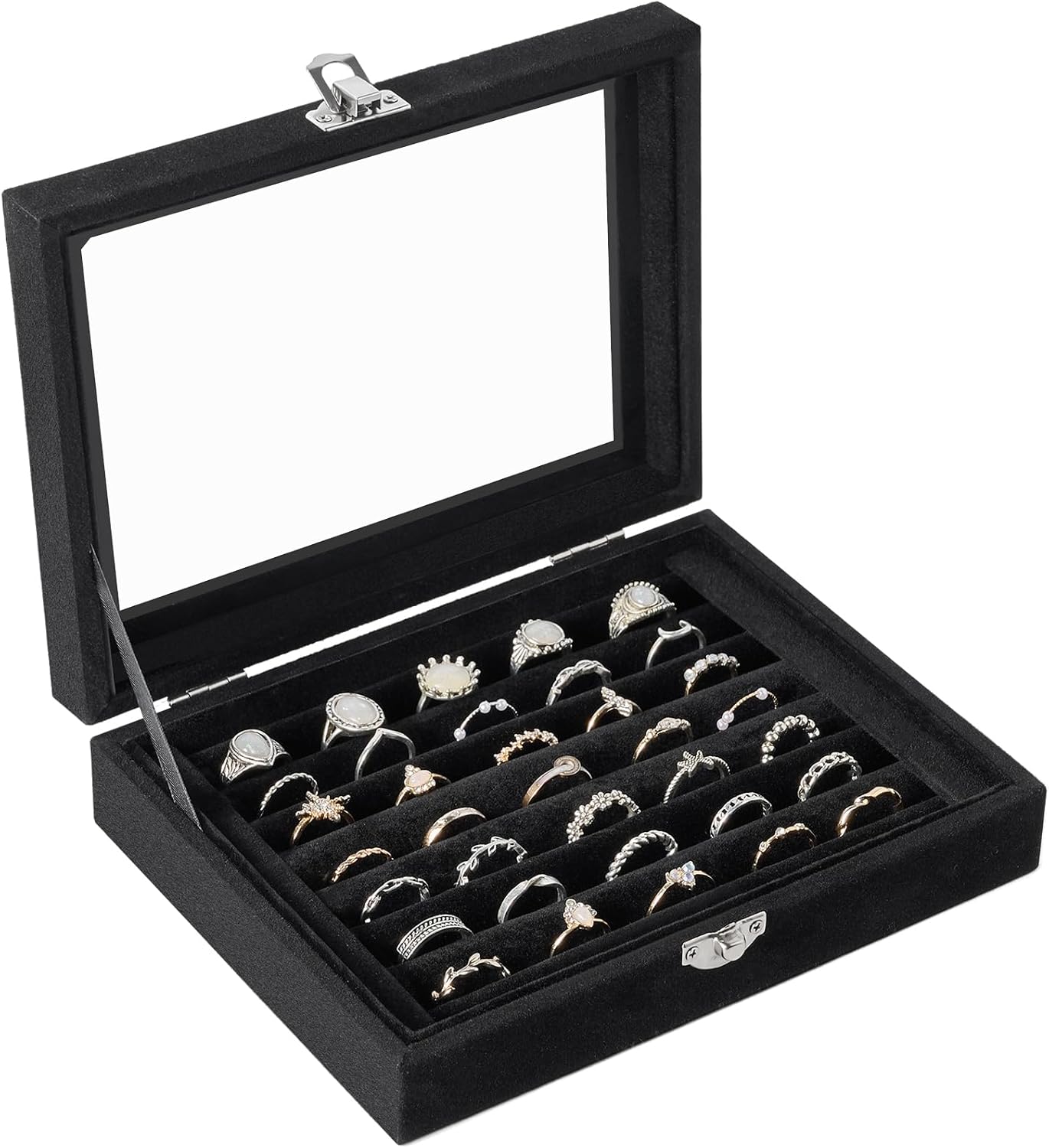Velvet Ring Organizer Box, 7 Slots Jewelry Holder with Glass Lid Earring Display Tray Storage Case Gift for Women and