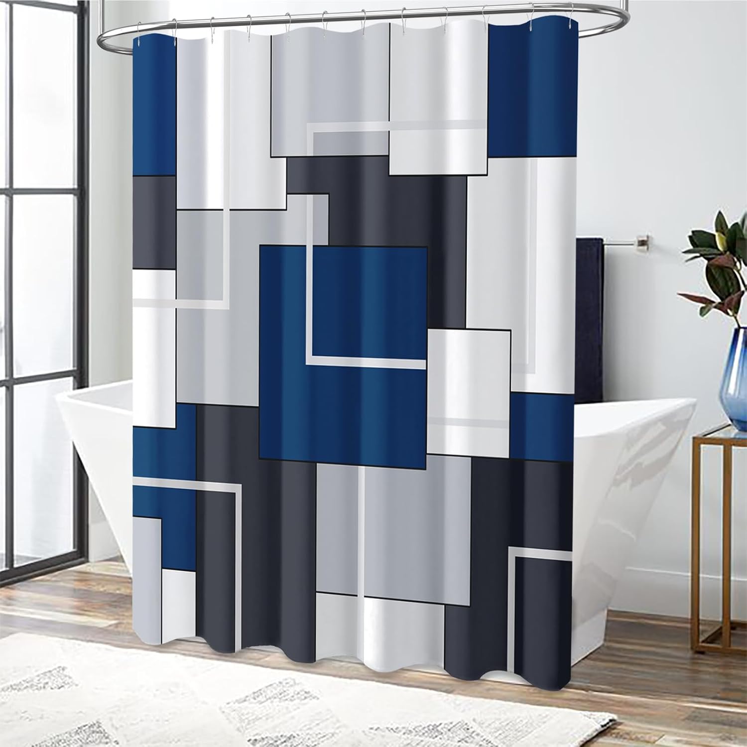 Navy Blue Modern Geometric Waterproof Fabric Shower Curtain Set, 72x72 | Premium Polyester, Decorative Shower Curtain