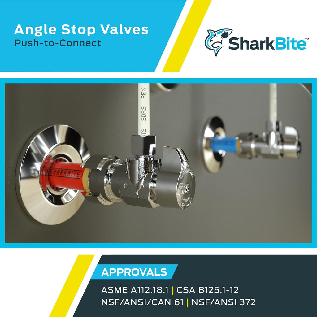1/2 x 3/8 Inch Compression Angle Stop Valve, Pack of 4, Quarter Turn, Push to Connect Brass Plumbing Fitting, PEX