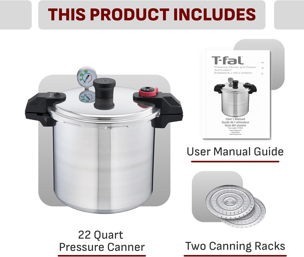 22-Quart Aluminum Pressure Canner, 3 PSI Settings, Home Canning, Includes Racks & Canning Guide, Large Capacity
