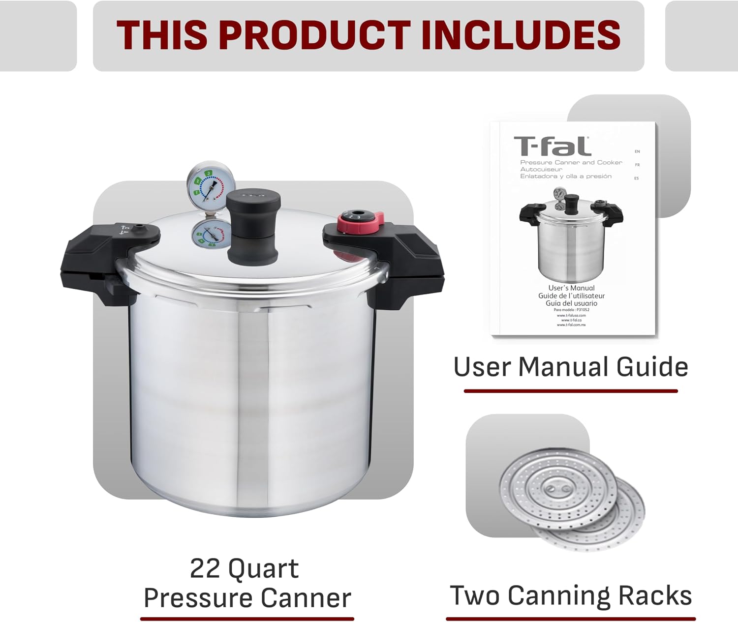 22-Quart Aluminum Pressure Canner, 3 PSI Settings, Home Canning, Includes Racks & Canning Guide, Large Capacity