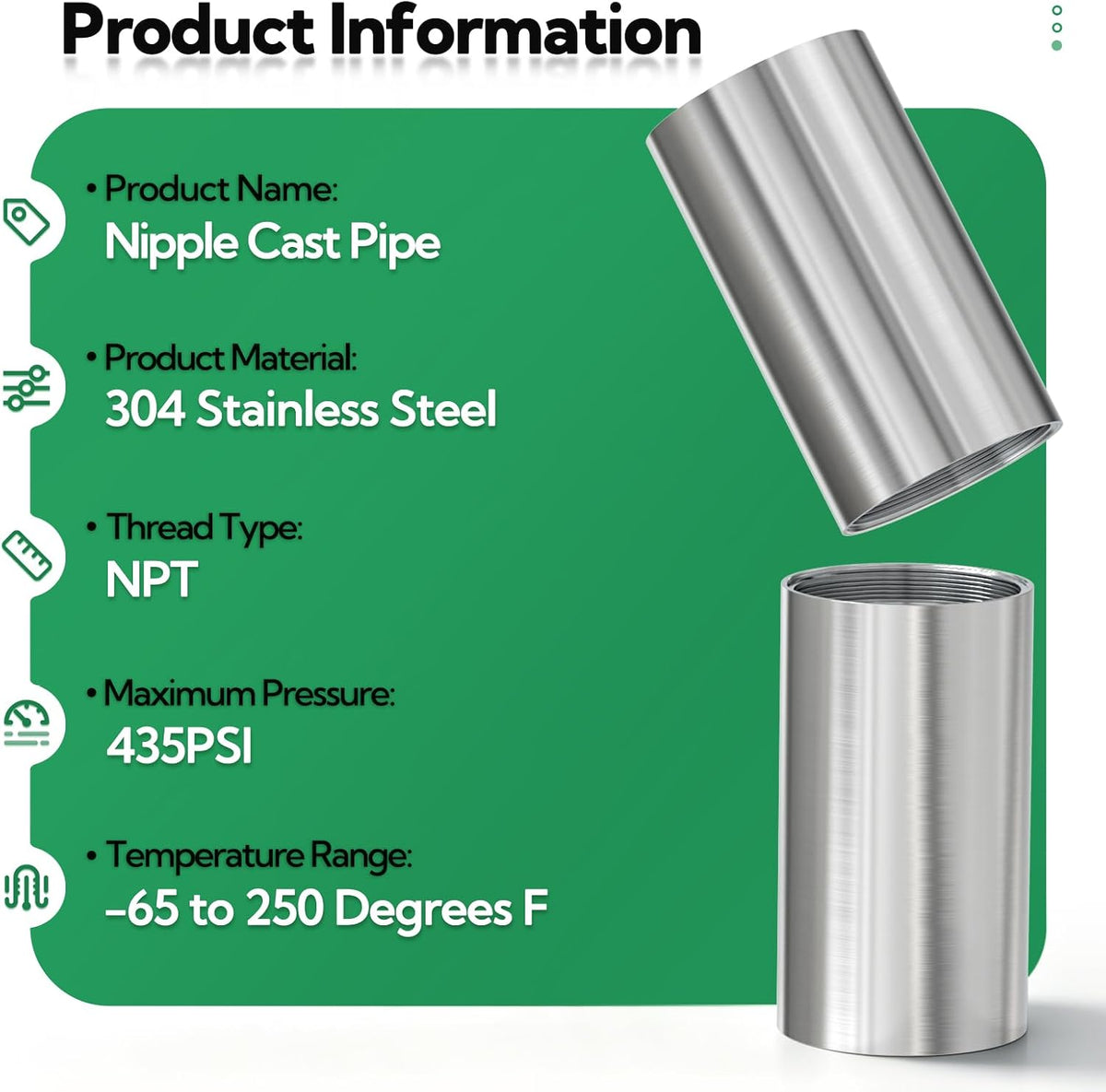 TAISHER 1Pcs 304 SS Nipple Cast Pipe Fitting, 2" NPT Female, 4" Length