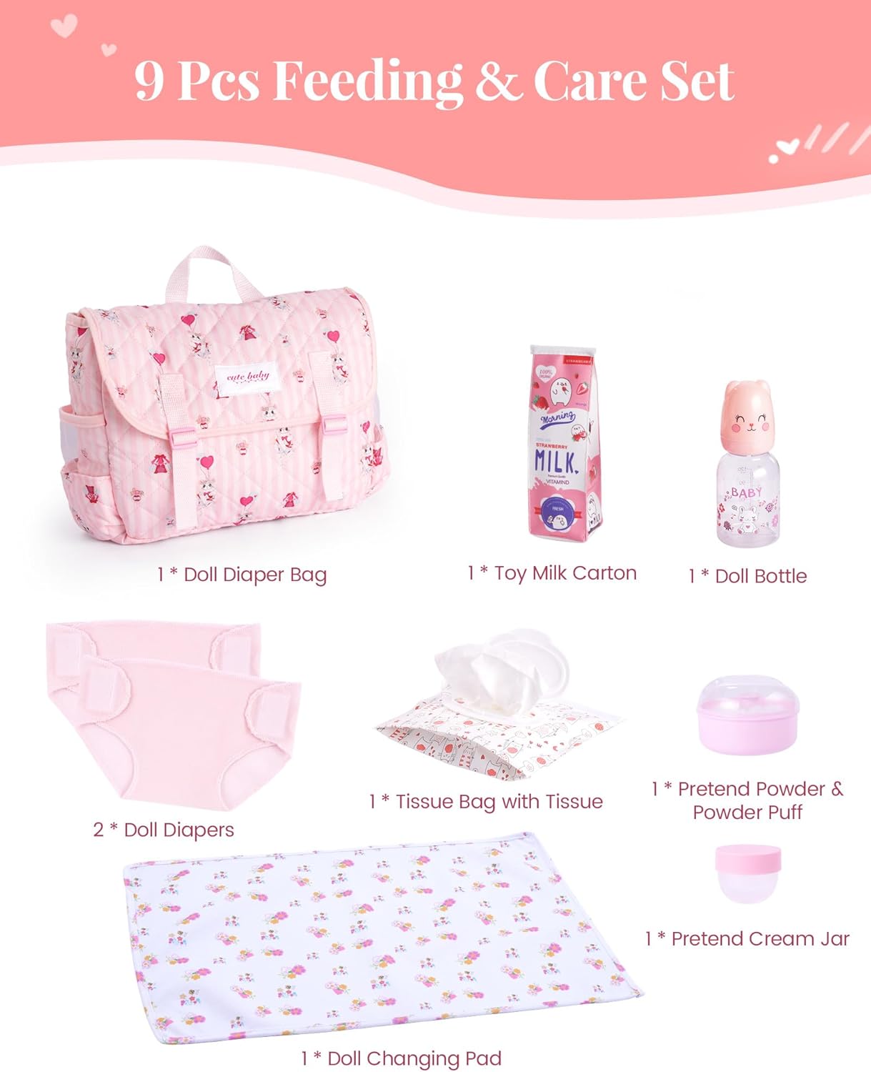 9 Pcs Reborn Baby Doll Accessories for 17-22 Inch Reborn Dolls, Diaper Bag Set with 2 Diapers, Changing Pad, Bottle
