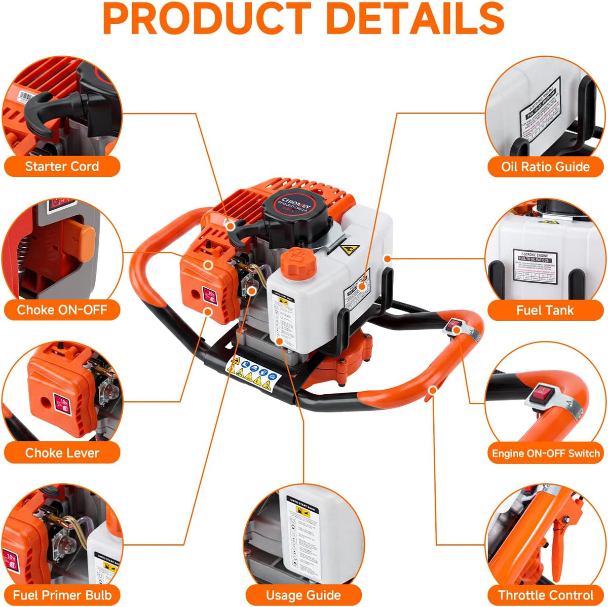 63CC 2 Stroke Earth Auger Post Hole Digger Gas Powered with 6"/8" Bit & Ext | 62" Max Digging Depth | 2 Auger Drill