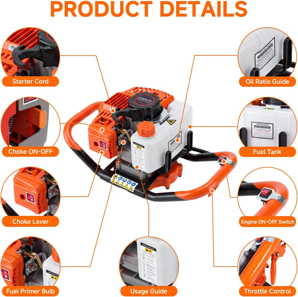 63CC 2-Stroke Gas Powered Auger Post Hole Digger with 6"/8" Auger Bits & Ext | Upgraded Earth Post Hole Digger, Power