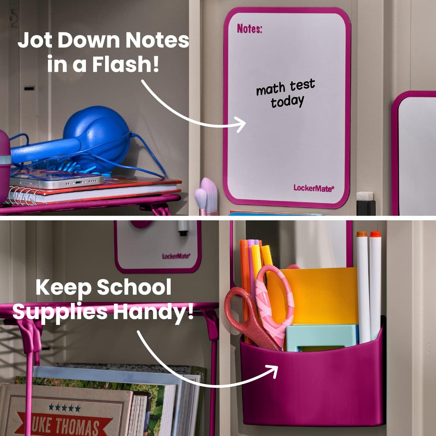 7-Piece Locker Organizer Kit, Includes Locker Shelf, Mirror, Whiteboard, Storage Cup & Dry Erase Marker, Pink