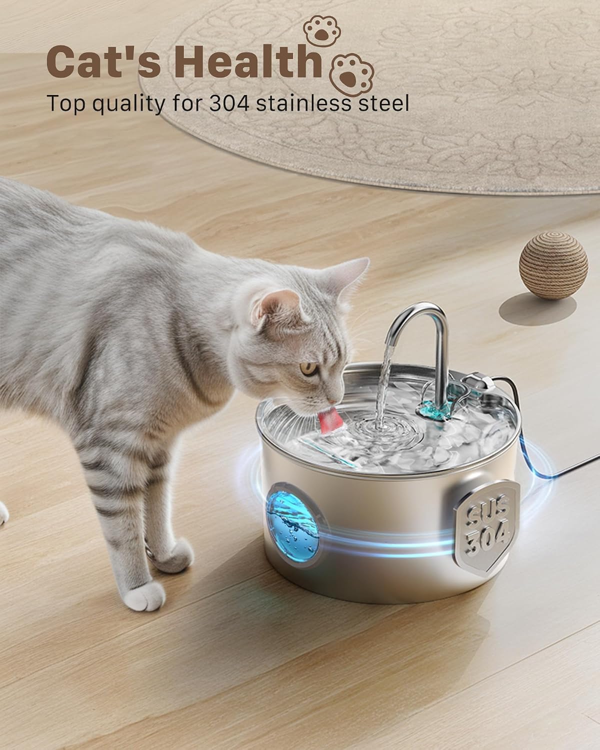 Cat Water Fountain Stainless Steel: Cat Fountain with 6 Filters + 3 Sponges