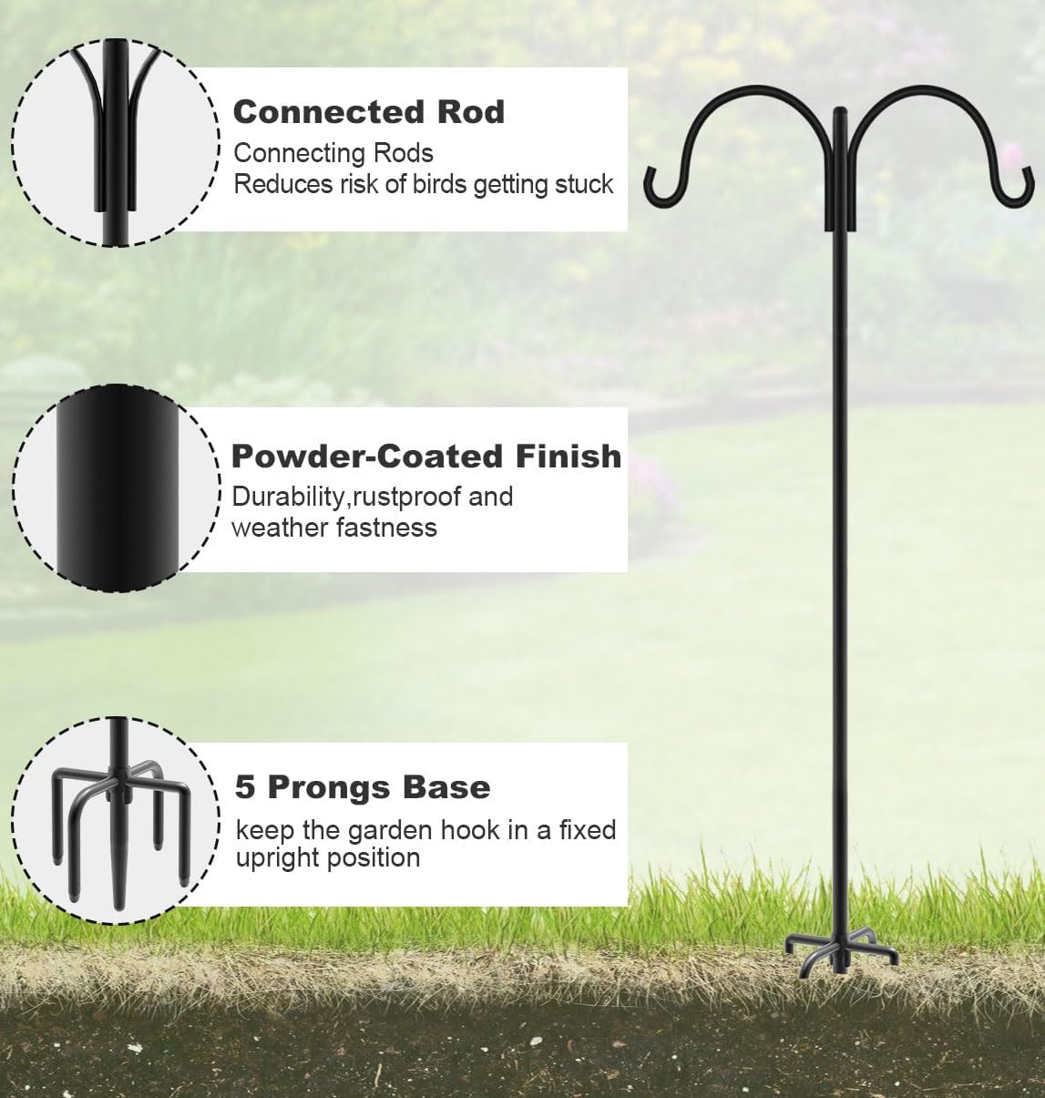 Double Shepherd Hooks for Outdoor, 92" Heavy Duty Bird Feeder Hangers Garden Hooks with 5-Prong Base, Outside Hanging