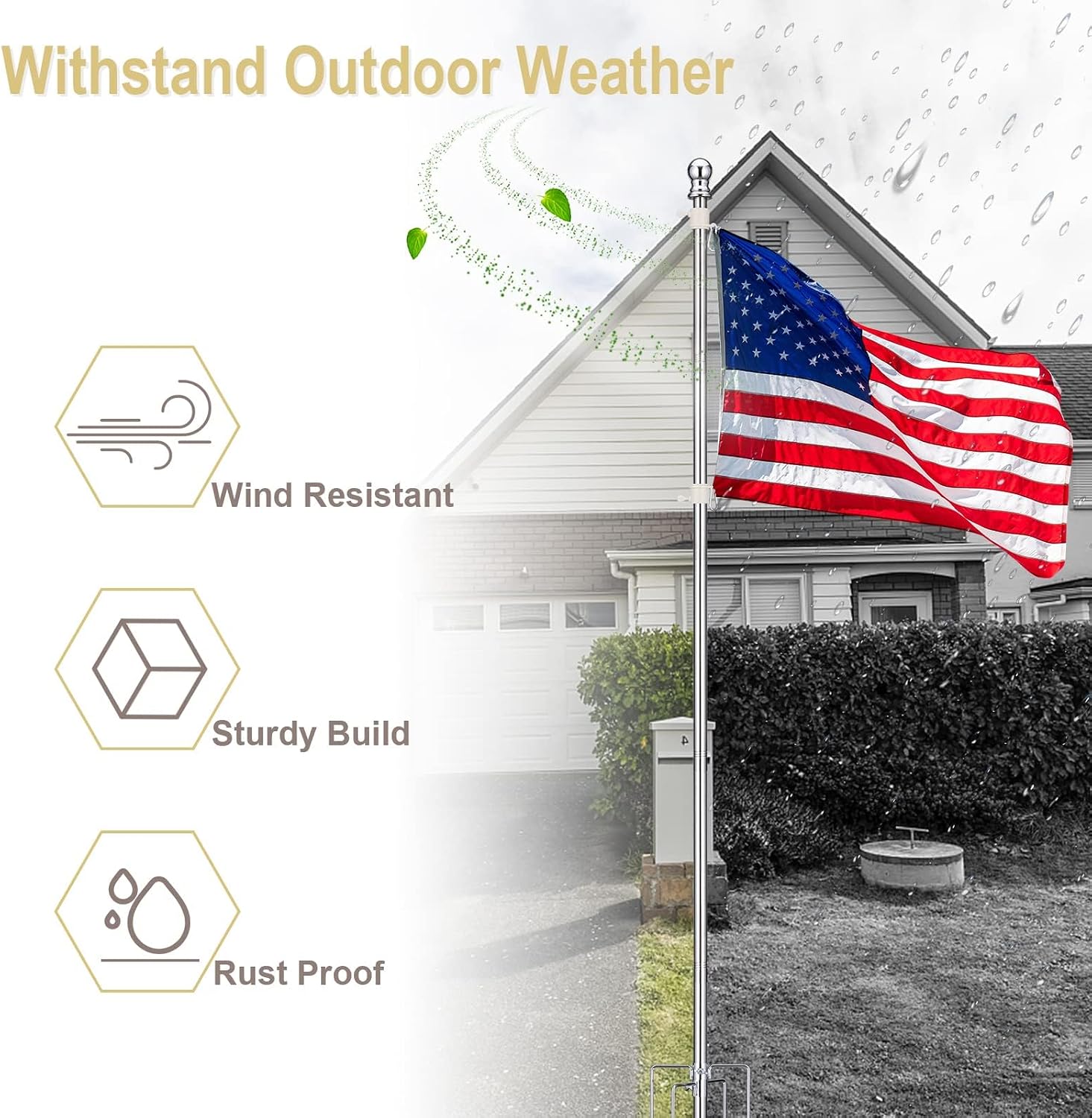 Flag Pole for Outside House in Ground - 9 ft Adjustable,5 Pronges Stake Base - Heavy Duty Inground Flag Pole Kit for