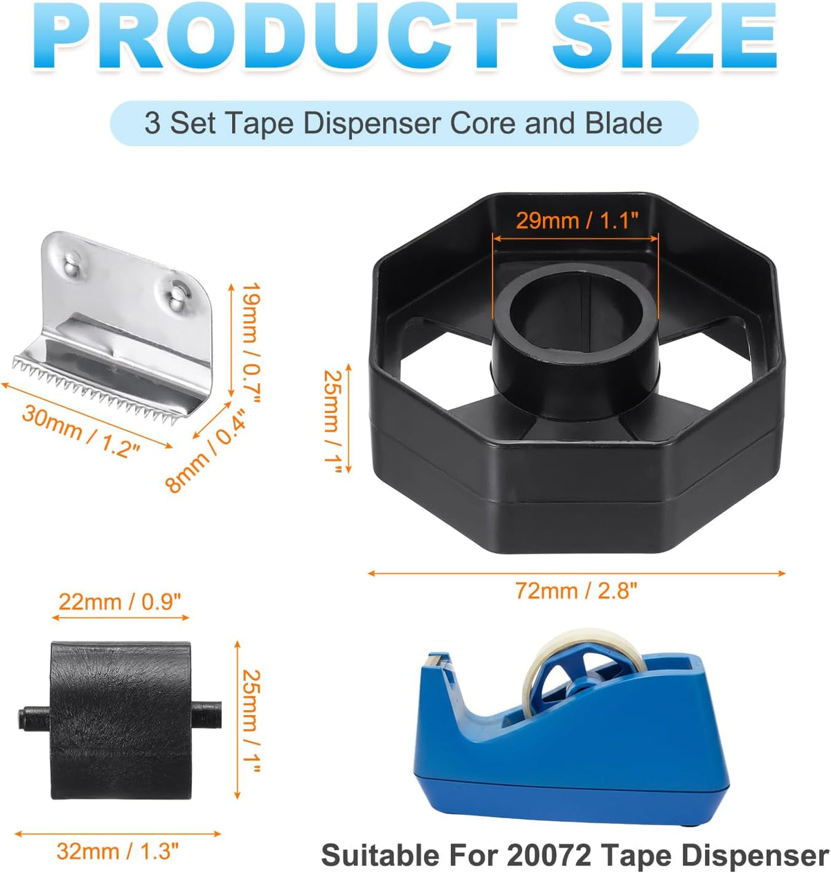 3Set Tape Dispenser Core and Blade Replacement Core Wheel and Blade
