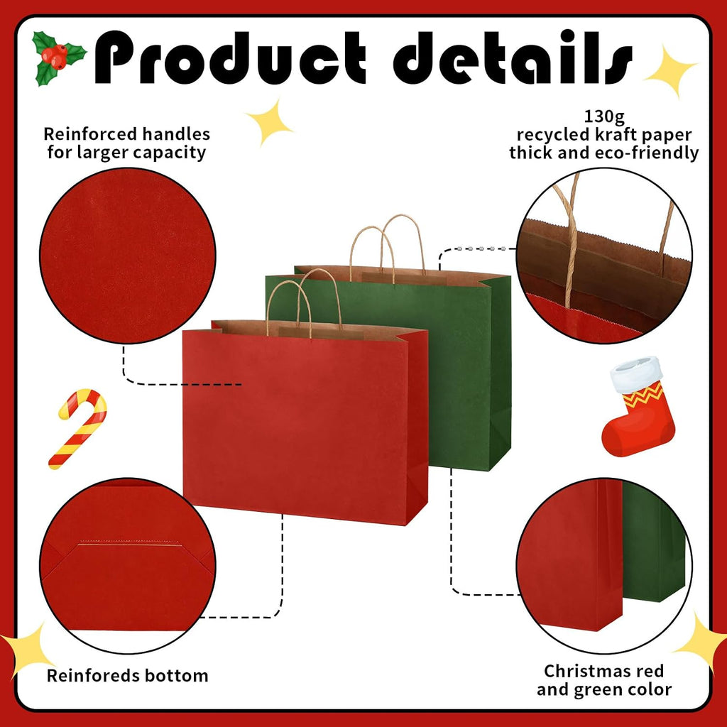 100 Pcs Christmas Gift Bags Red Green Kraft, 16 x 12 x 6 Inch