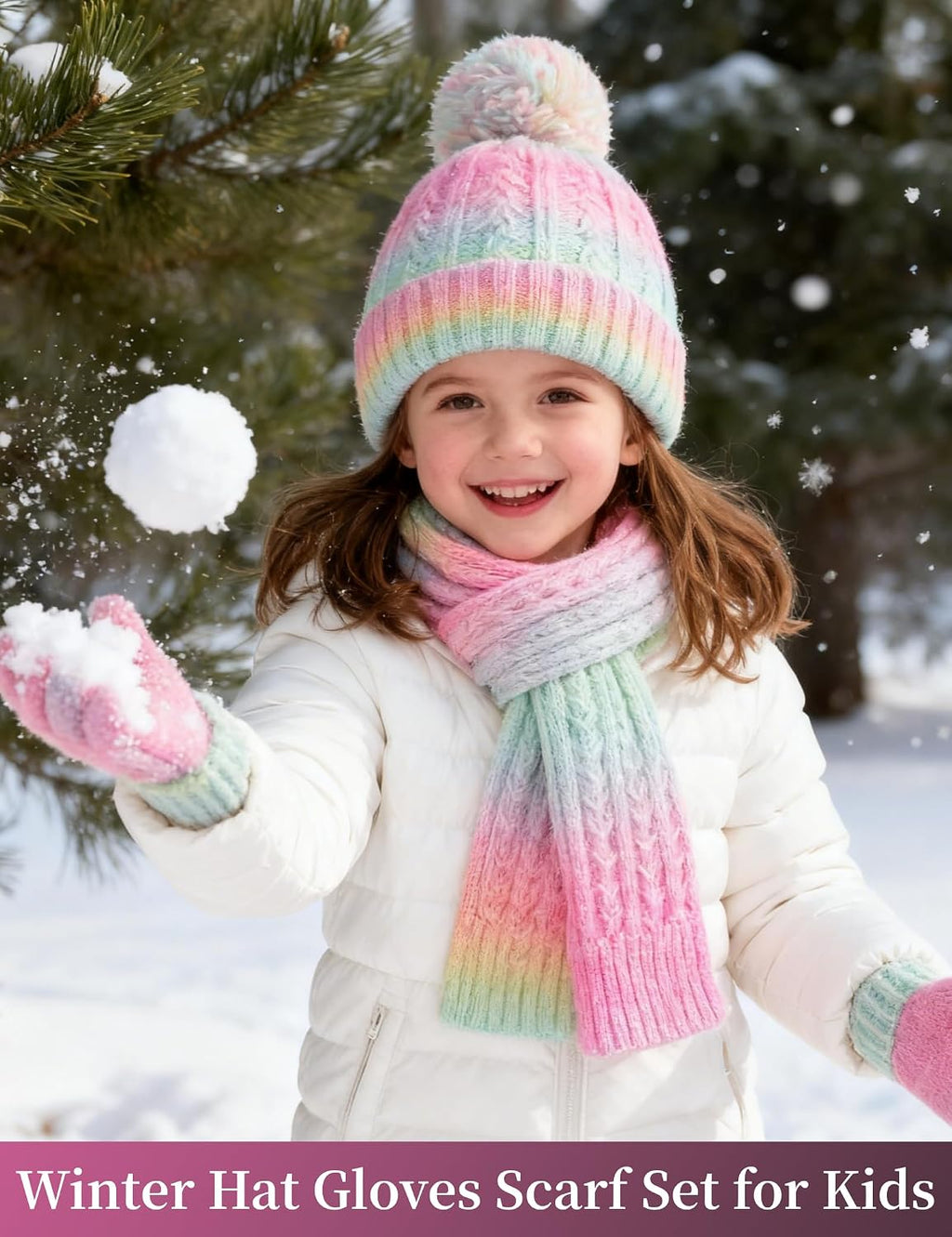 Kids Winter Hat Gloves Scarf Set, Gift for Girls Boys Toddler w/Fleece Lined Pom Beanie Ski Cap Warm Scarf Mittens