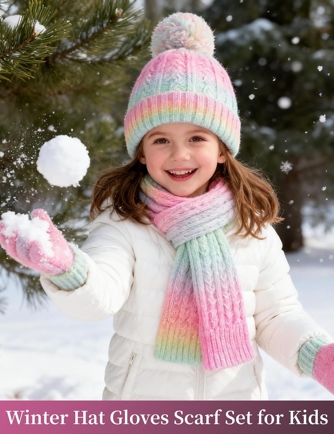 Kids Winter Hat Gloves Scarf Set, Gift for Girls Boys Toddler w/Fleece Lined Pom Beanie Ski Cap Warm Scarf Mittens