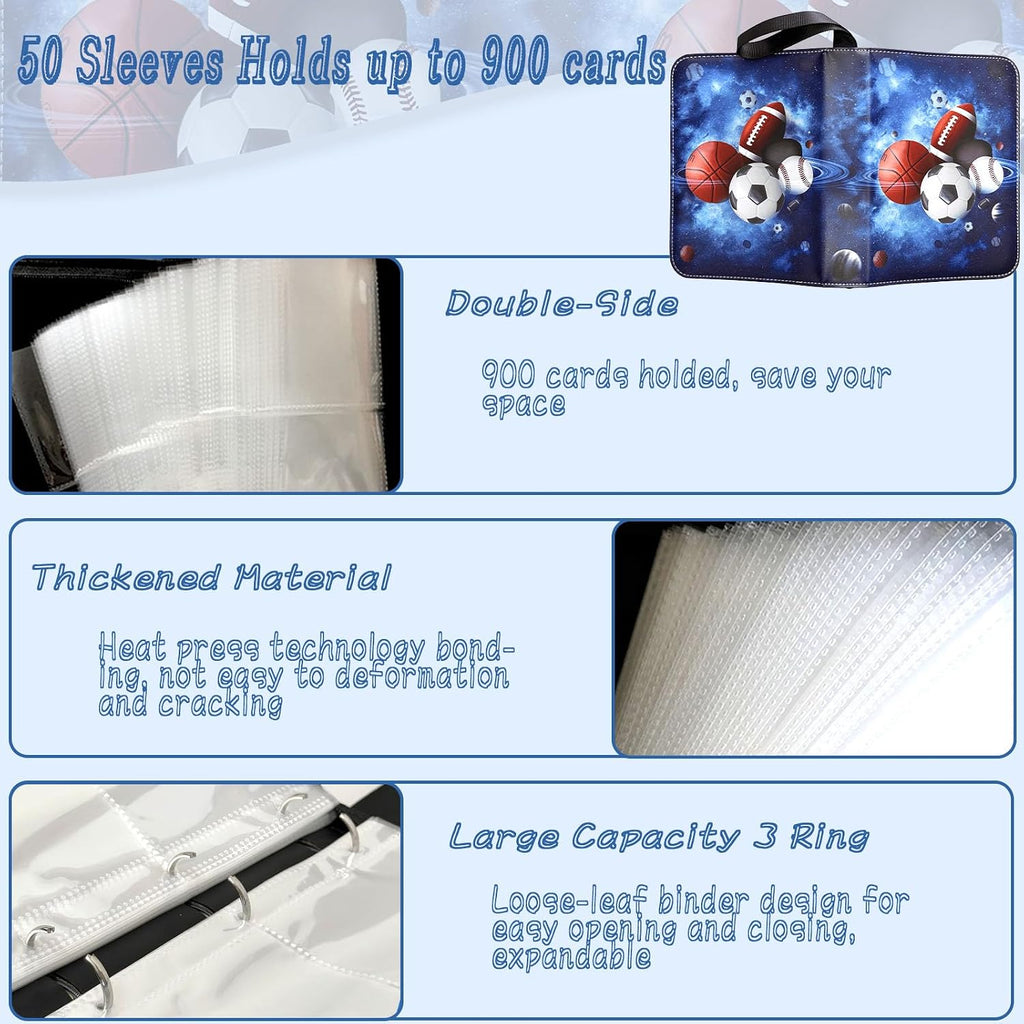 Sports Card Binder 900 Pockets, Trading Card Binder 9 Pocket with 50 Sleeves Fits 900 Sport Cards, Sports Card Holder