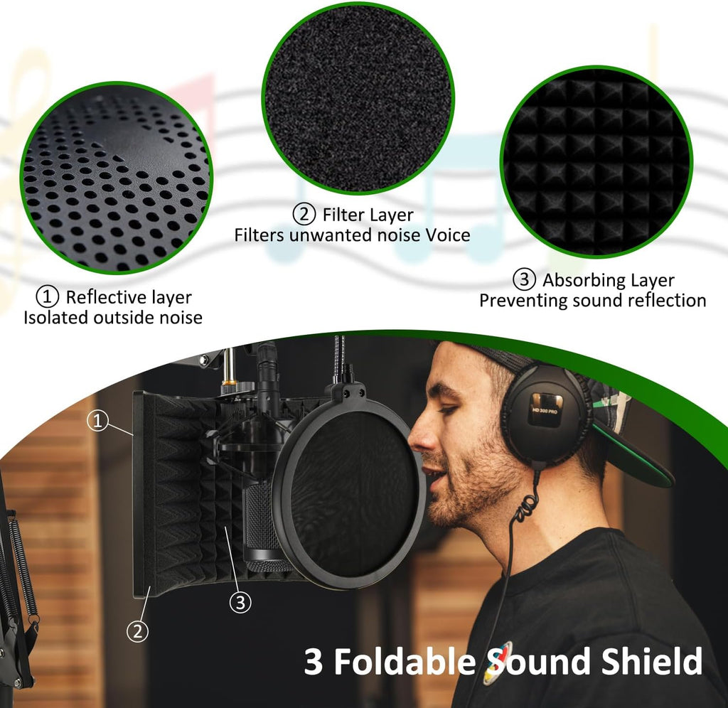 Microphone Isolation Shield with Mic Stand and Pop Filter, Foldable Sound Shield for Most Condenser Microphone