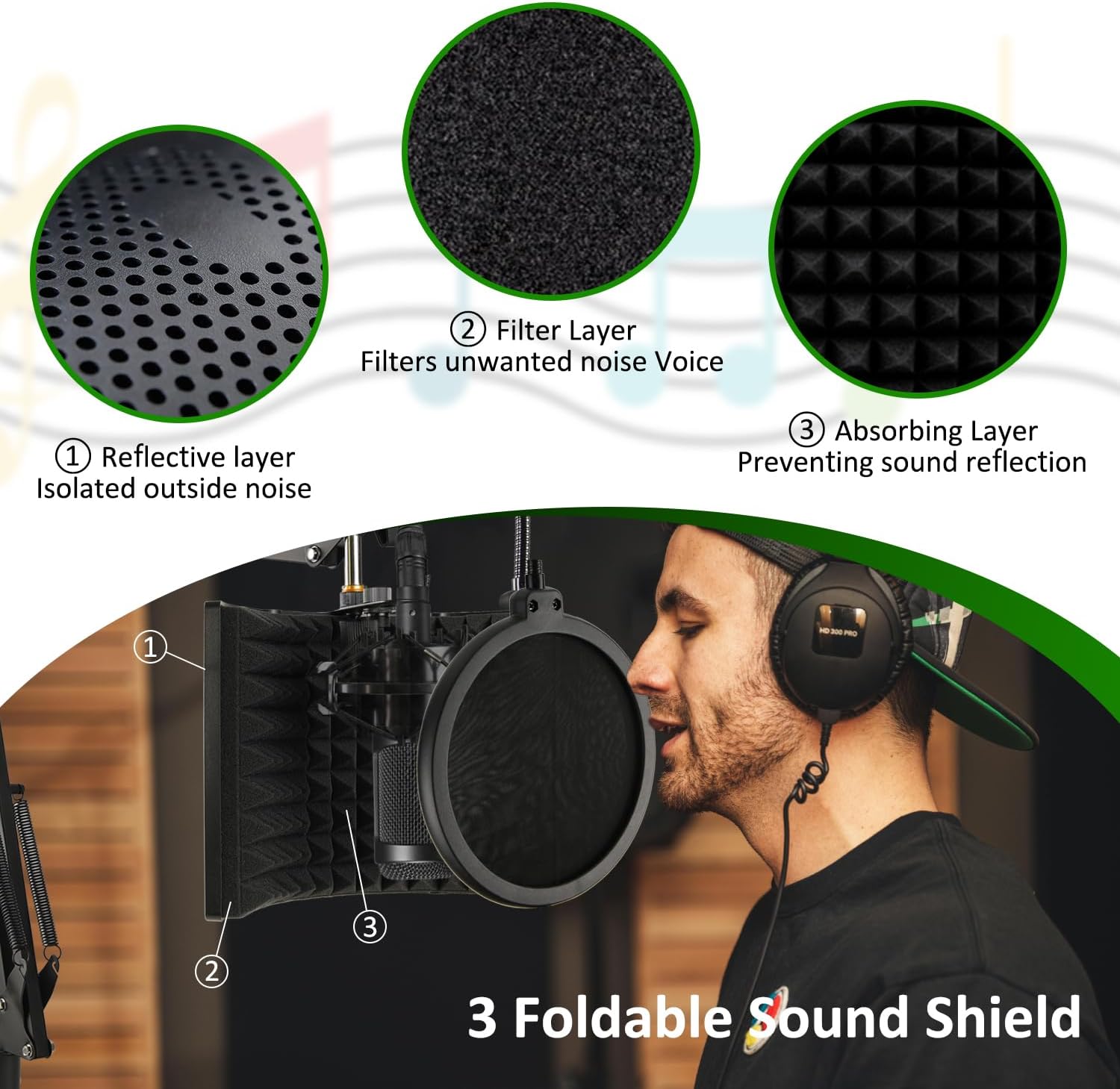 Microphone Isolation Shield with Mic Stand and Pop Filter, Foldable Sound Shield for Most Condenser Microphone