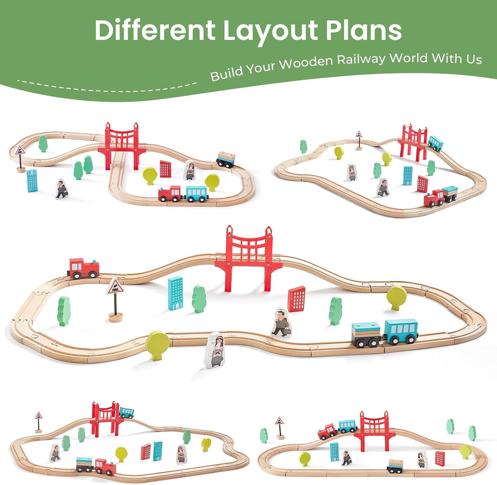39 Pcs Wooden Train Set for Toddler with Wooden Tracks | Compatible with Major Brands, Expandable, Changeable Train
