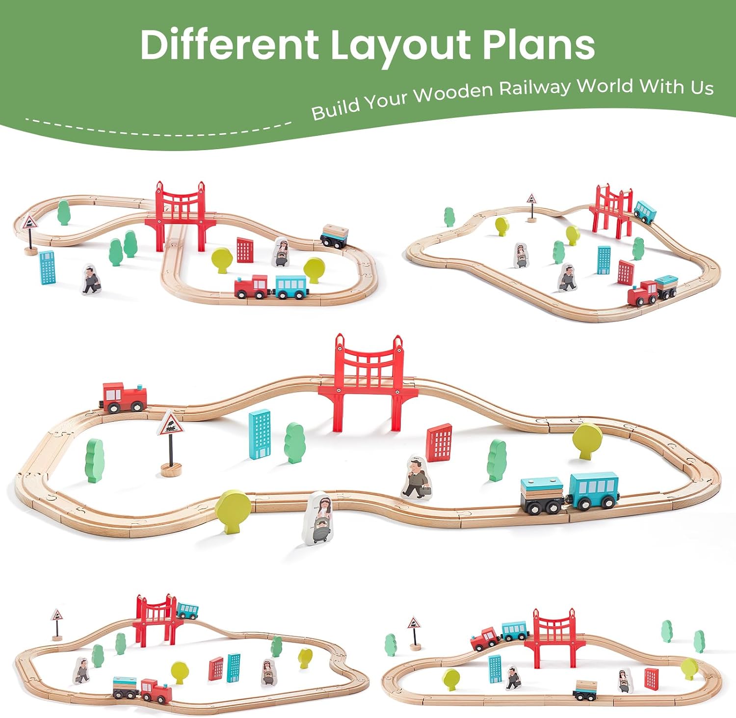 39 Pcs Wooden Train Set for Toddler with Wooden Tracks | Compatible with Major Brands, Expandable, Changeable Train