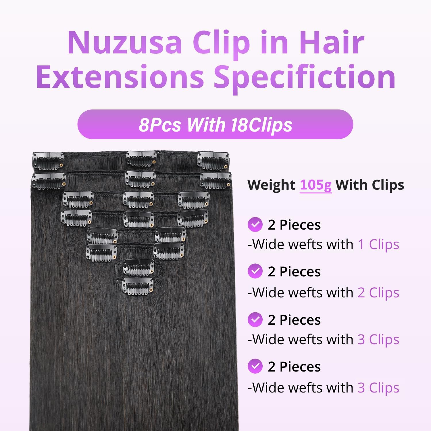 Clip in Hair Extensions Real Human Hair Clip ins For Women 1B Natural Black | 20Inch 105g/3.7oz, 8pcs Per Set, Double