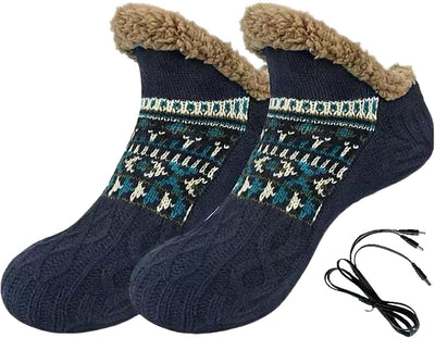 Women USB Heated Thermal Socks Anti-Slip Men Fleece Christmas Socks Electric Heated Pad Fuzzy Knitted Slipper Socks