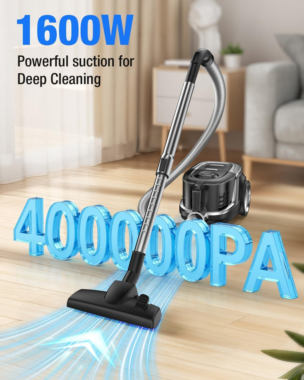 Canister Vacuum Cleaner, 1600W Canister Vacuum | 40kPa Bagless Auto Cord Rewind & Large Capacity for Floors, Carpets