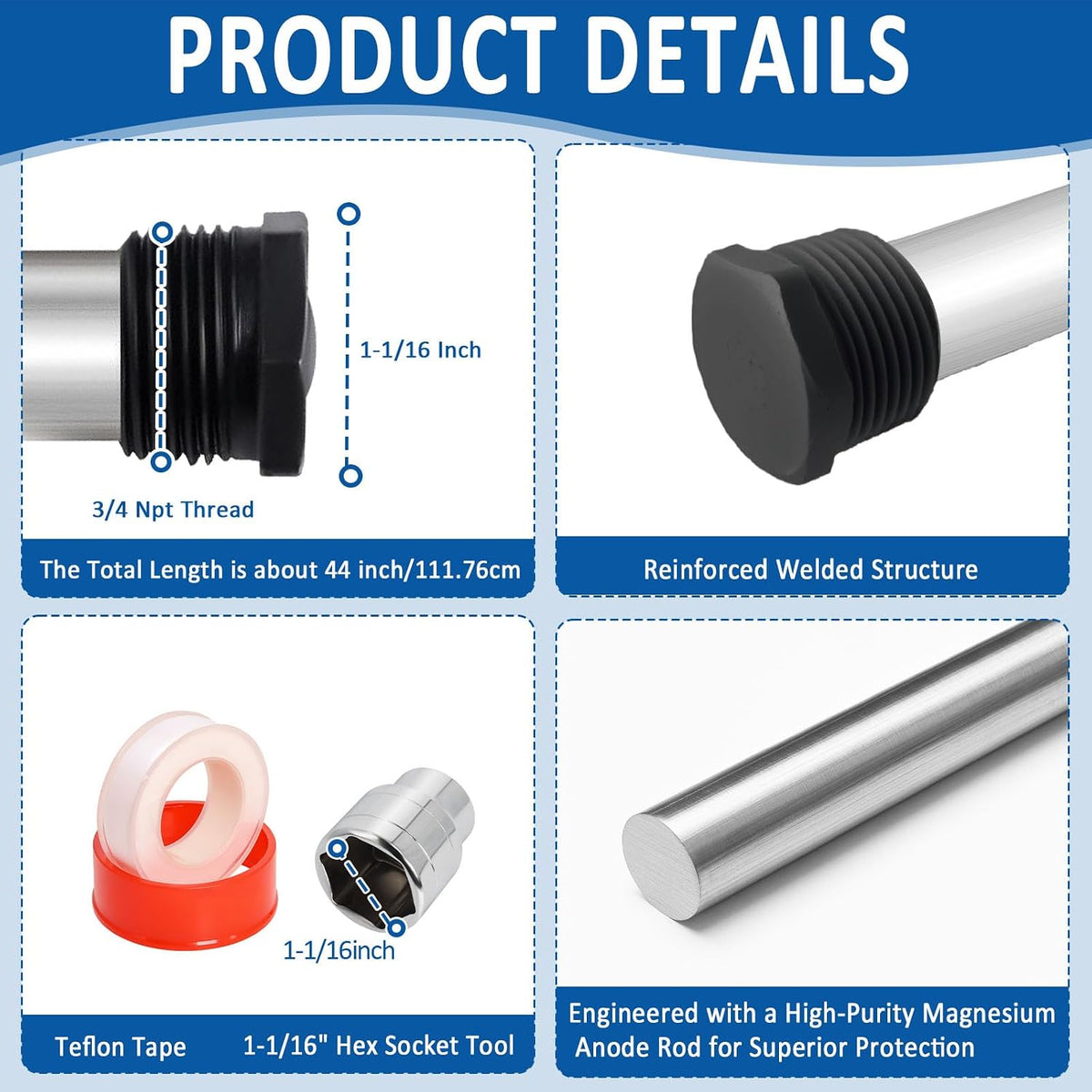 42" Flexible Magnesium Anode Rod for Hot Water Heater 3/4" NPT 2 Pack