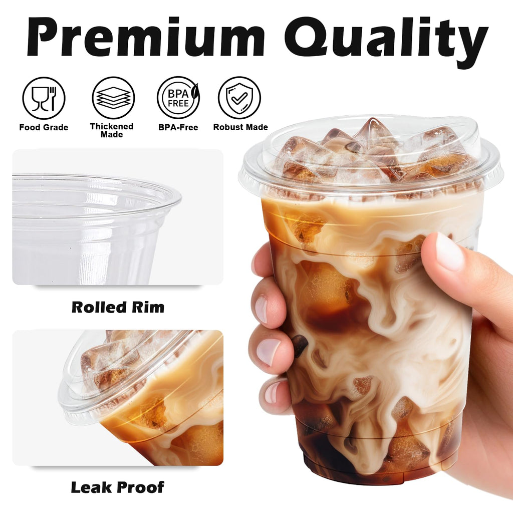 16 oz 100 Pack Plastic Cups with Lids Disposable Iced Coffee Cups