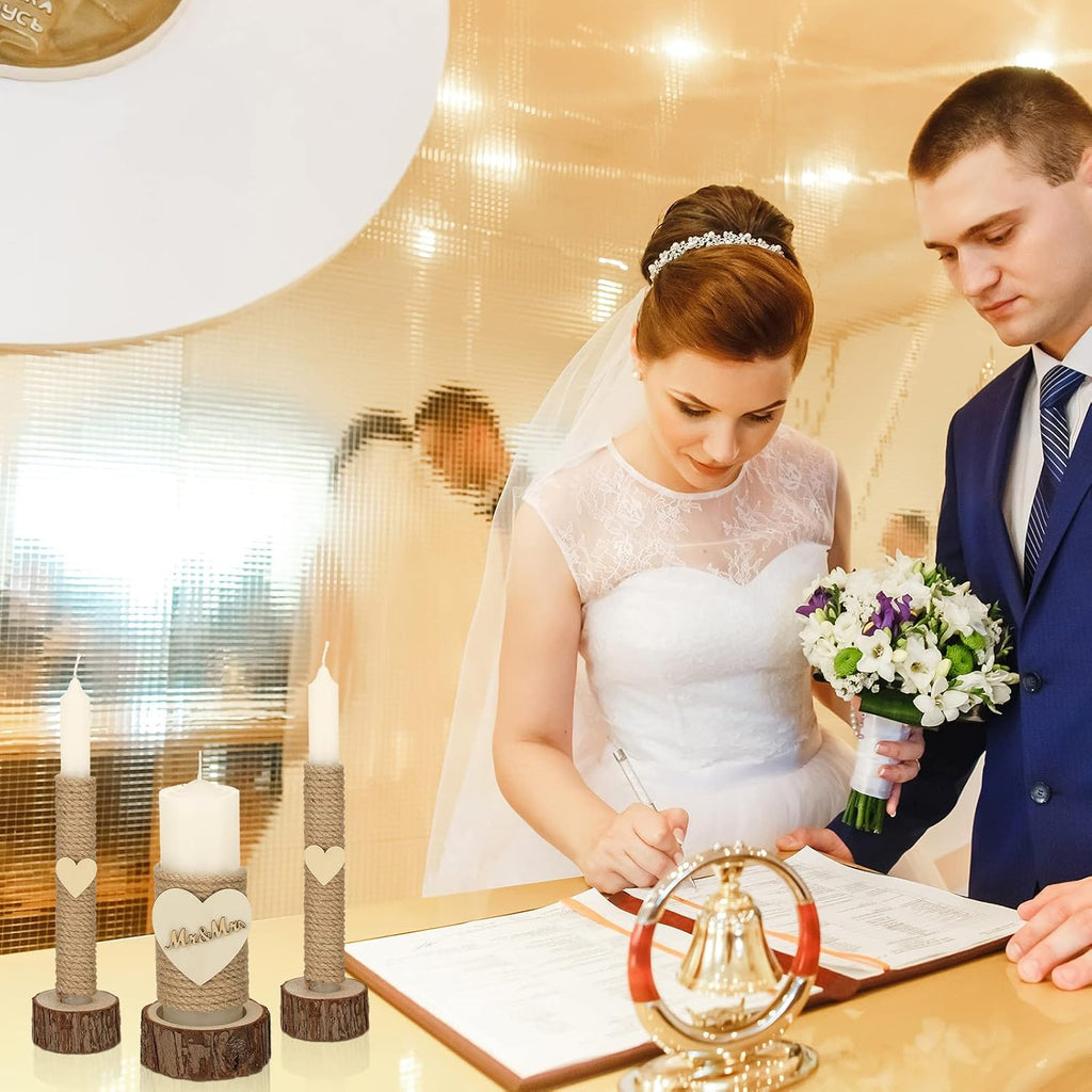 3 Pcs Rustic Unity Candles for Wedding Ceremony Set Mr and Mrs Burlap 1(5.9'') Pillar 2(9.8'') Taper Candles for